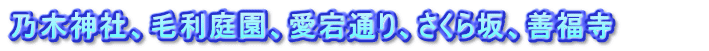 乃木神社、毛利庭園、愛宕通り、さくら坂、善福寺　　　　